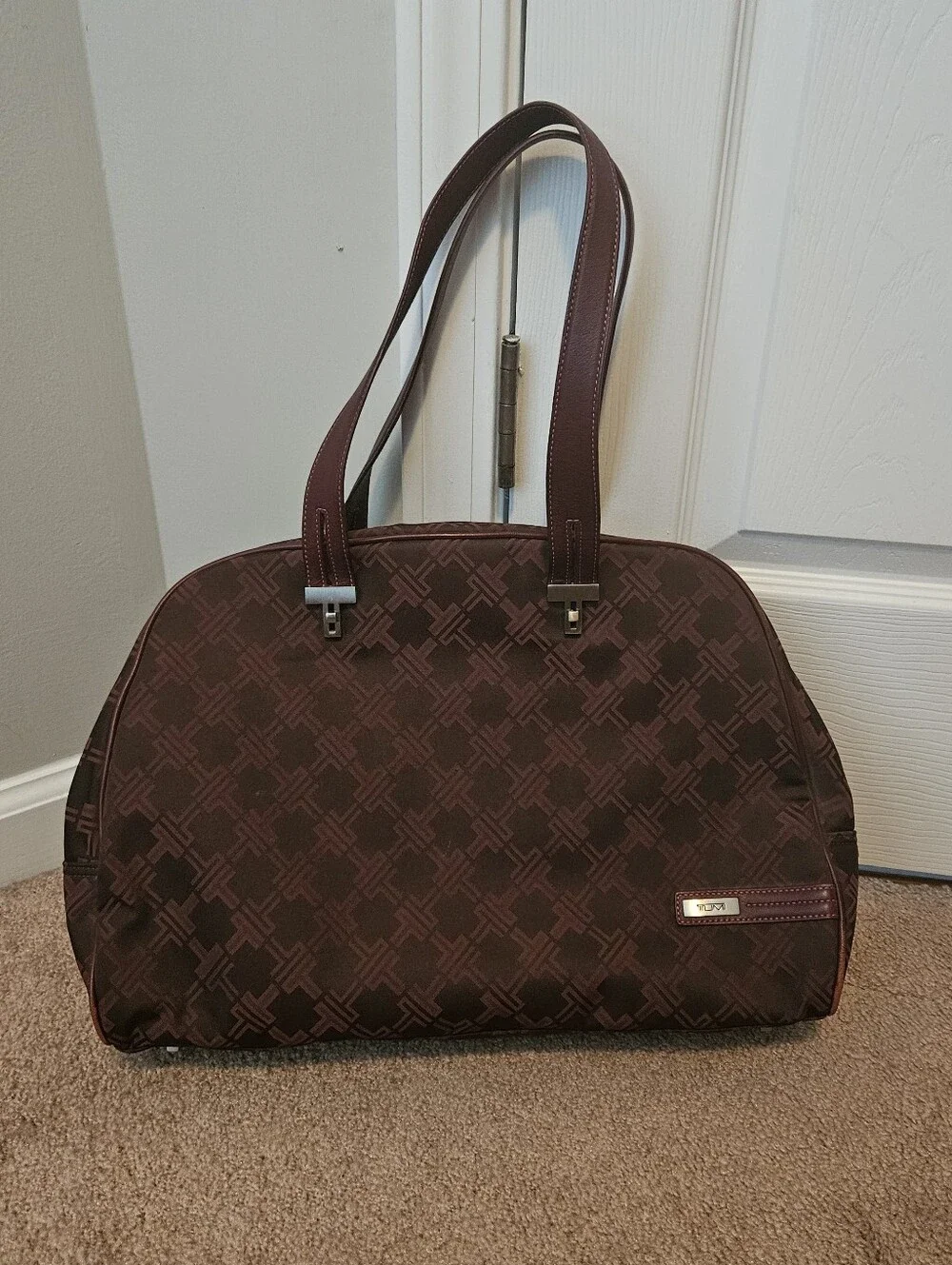Tumi Signature Monogram laptop tablet tote bag maroon pink lining